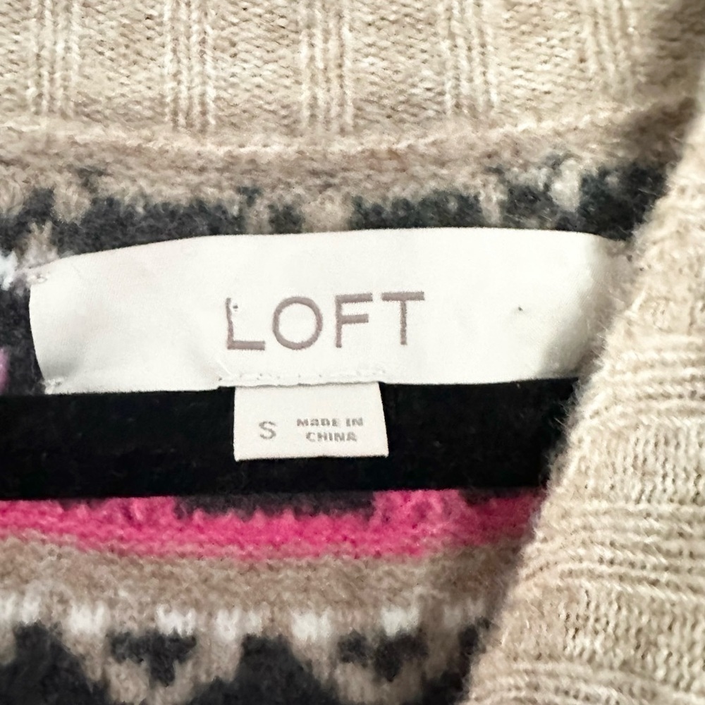 Loft Sweater Dress Women's Size S Fair Isle Sweater Mini Dress/Tunic Tan/Pink - Picture 2 of 3